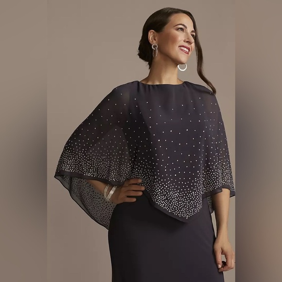 OLEG CASSINI Jersey Cape‎ Gown Sparkle Embellishment 20 20W Wedding Party Blue - Picture 2 of 11